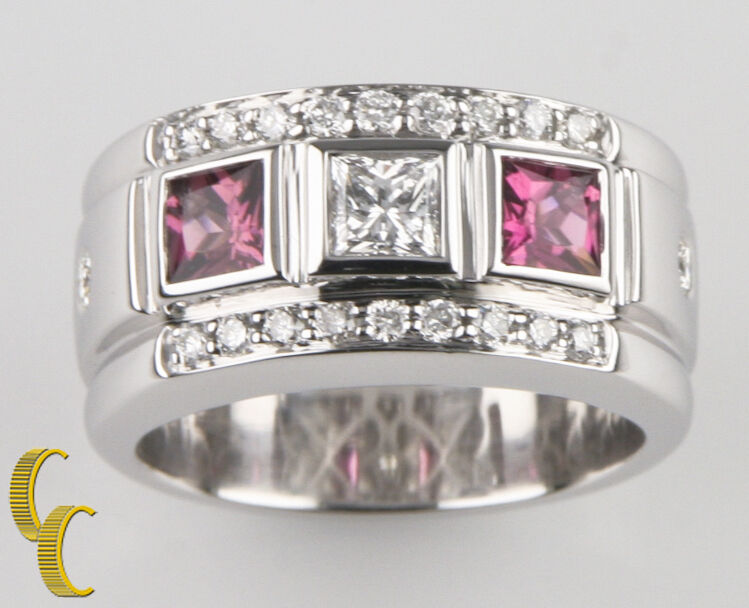 Pink Tourmaline and Diamond 18k White Gold Band Ring Size 6.75
