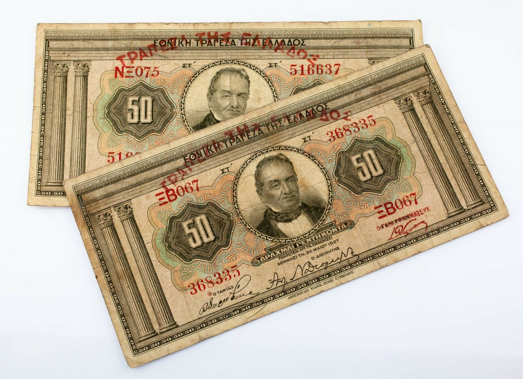 1927 Greece 50 Drachmai Banknote Lot of 2 (Fine Condition) P# 97a