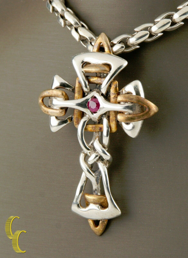 Mens Tigrani Sterling Silver .925 And Bronze Ruby Stone Cross 24 Inches Long