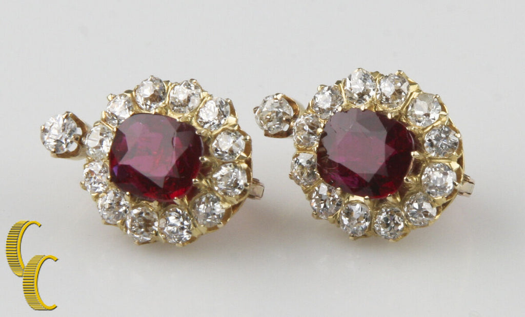 4.12 carat Unaltered Natural Ruby 18k Yellow Gold Lever-back & Diamond Earrings