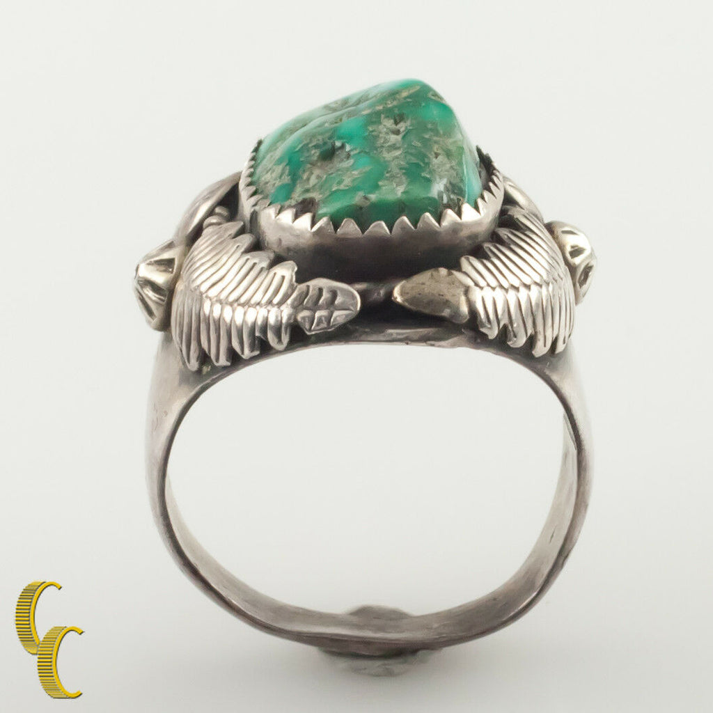 Silver Navajo Ring w/ Leaf Motif and Turquoise Center Size 10.75