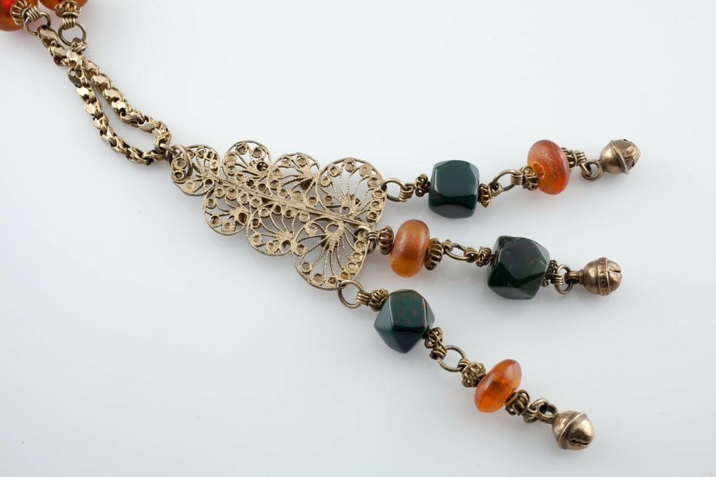 Gold-Plated Bedouin Filigree Necklace Amber and Bloodstone Gorgeous!