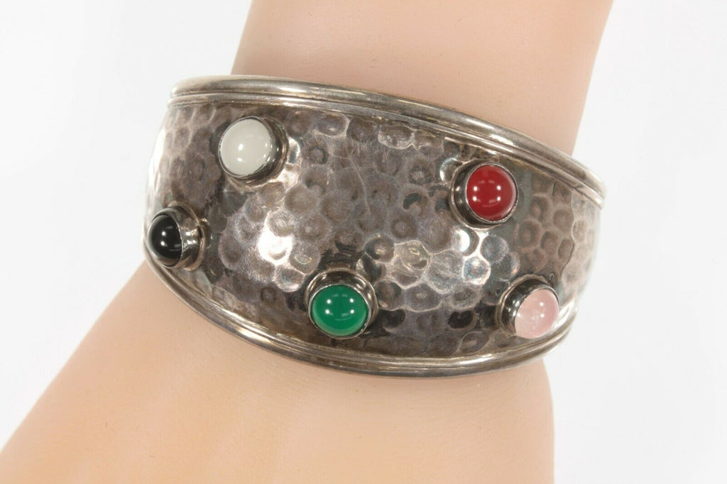 Amazing Vintage Mexican Silver Multi Stone Cuff Bracelet