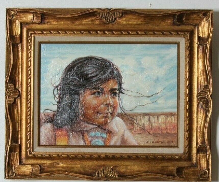 Untitled (Native American Child) By Anthony Sidoni Signed Oil on Canvas 12"x16"