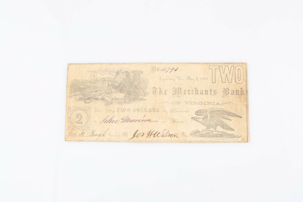 1861 Confederate Two Dollar Note Merchants Bank Lynchburg Virginia Civil War