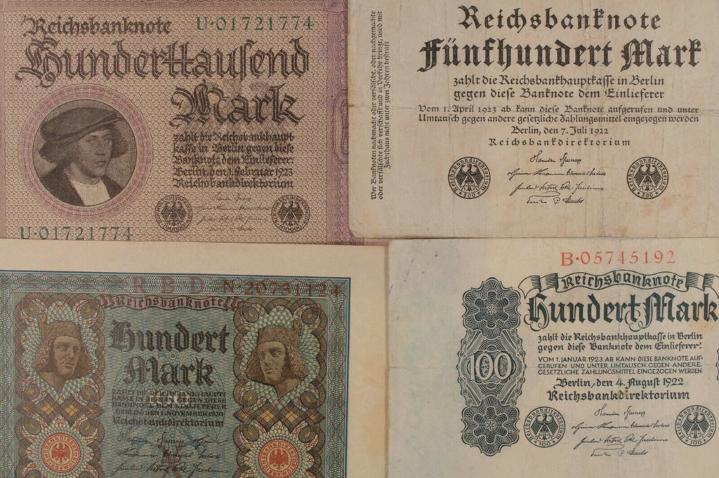 1920-1923 Germany 4-Notes Currency Set // Weimar Republic 100 500 & 100,000 Mark