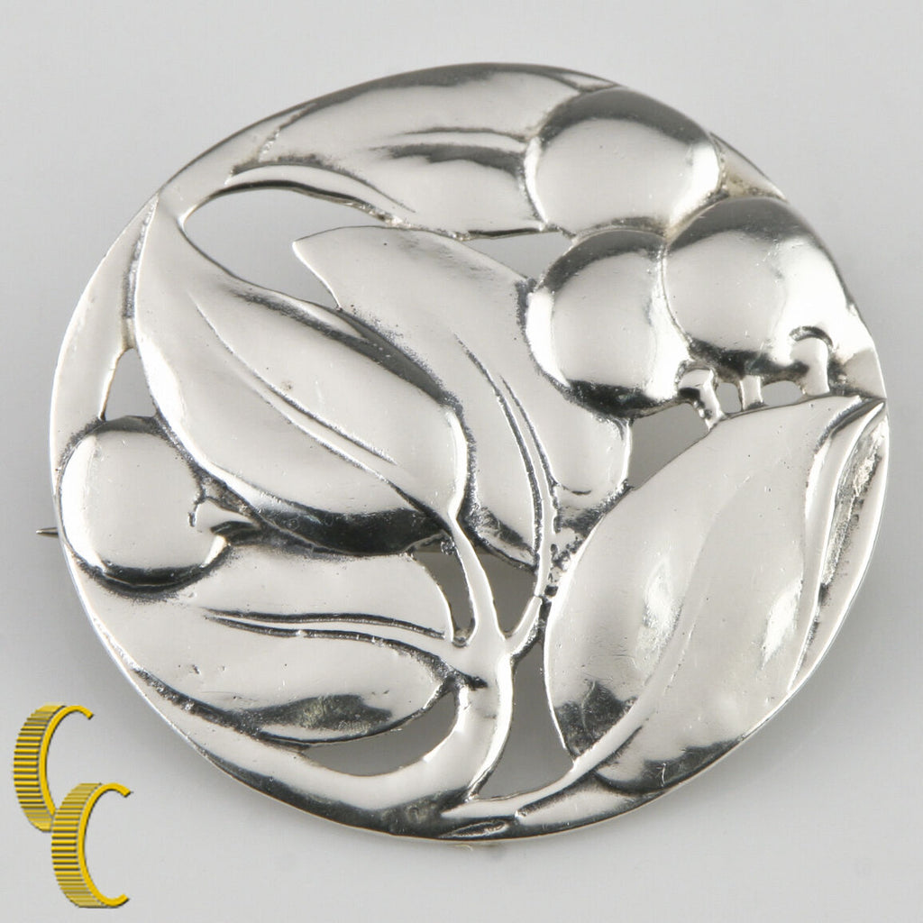 Sterling Silver Round Repousse Brooch w/ Leaves and Berries