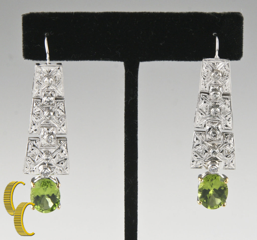 14k White Gold Dangle Earrings with Round Cut Diamonds & Oval Green Peridot Gift