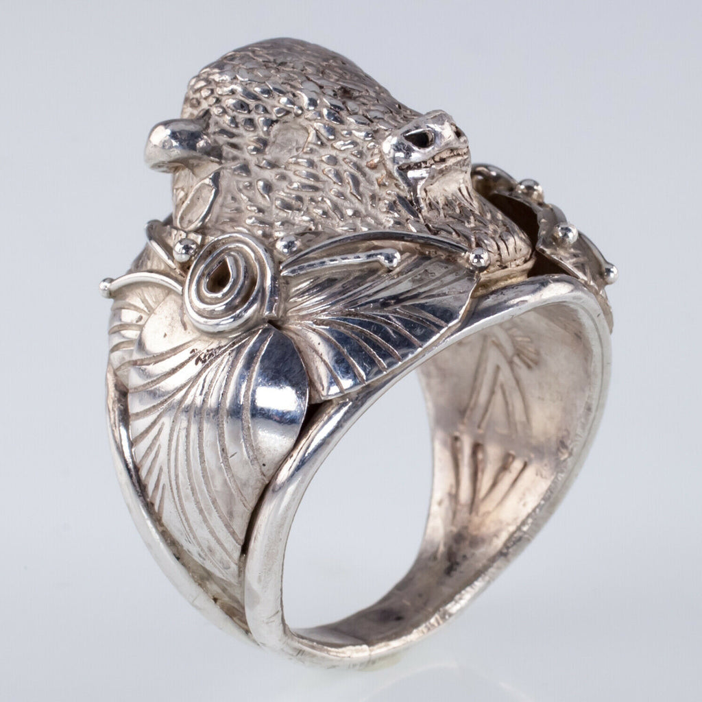 Sterling Silver Bison Rose Ring Signed "PR" Size 11.75