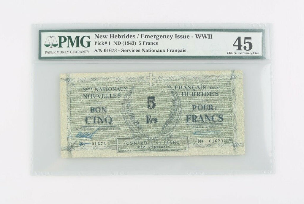 1943 New Hebrides 5 Francs CXF-45 Emergency Issue WWII Choice Extremely Fine P#1