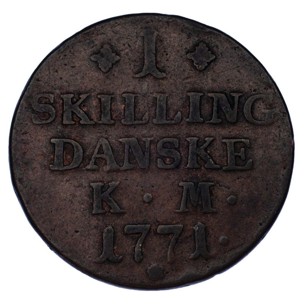 1771 Denmark 1 Skilling Coin In VF, KM# 616.1