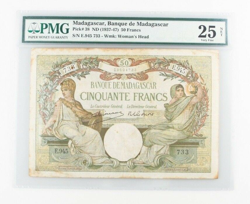 1937-1947 (ND) Madagascar 50 Francs Note (VF-25 NET PMG) Banque Fifty P-38