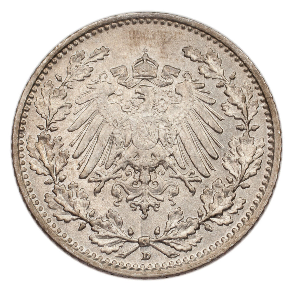 1909-D Germany 1/2 Mark Silver Coin KM #17 Choice Uncirculated Condition