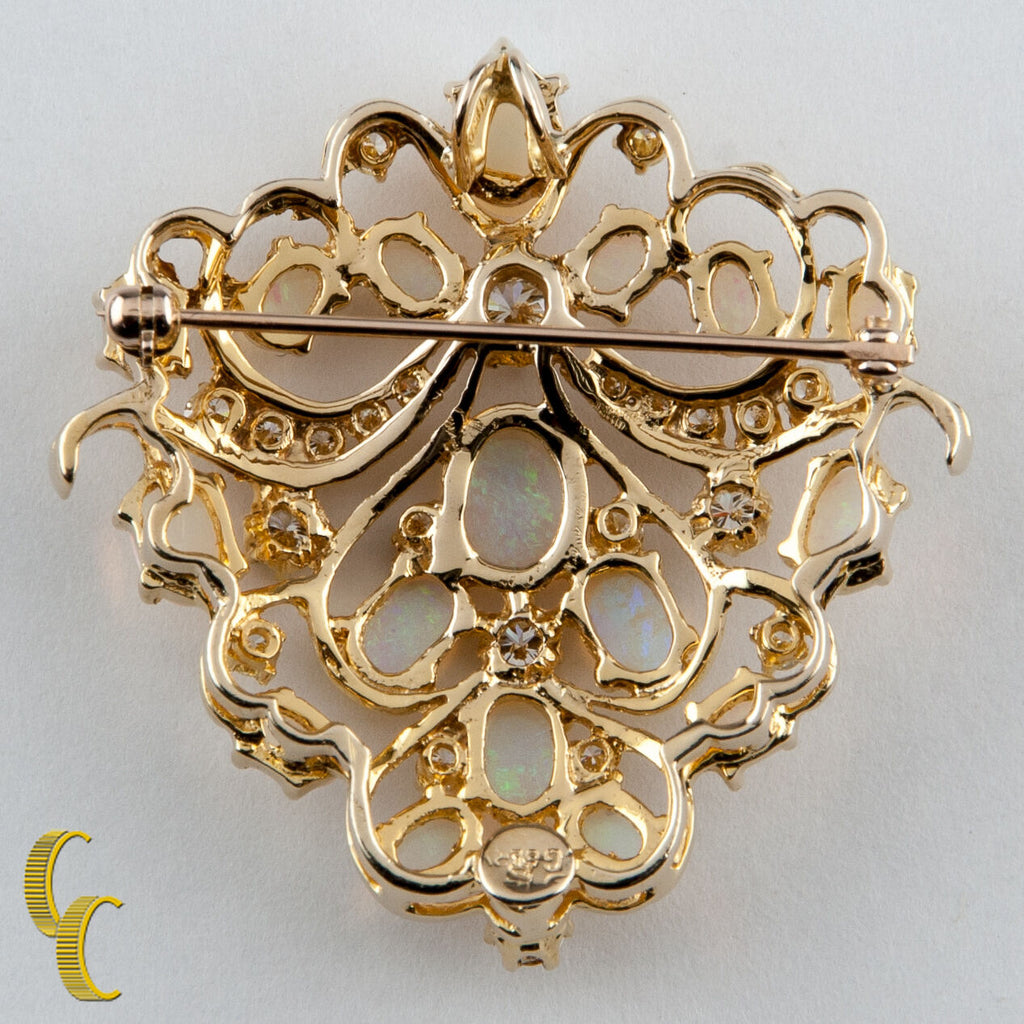 14k Yellow Gold Opal & Round Brilliant Cut Diamond Brooch Pin