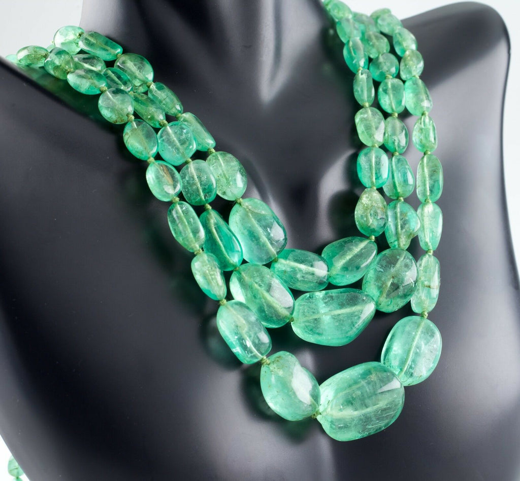 Polished Emerald 400 Carat Three-Strand Necklace with Diamond 14k Gold Clasp
