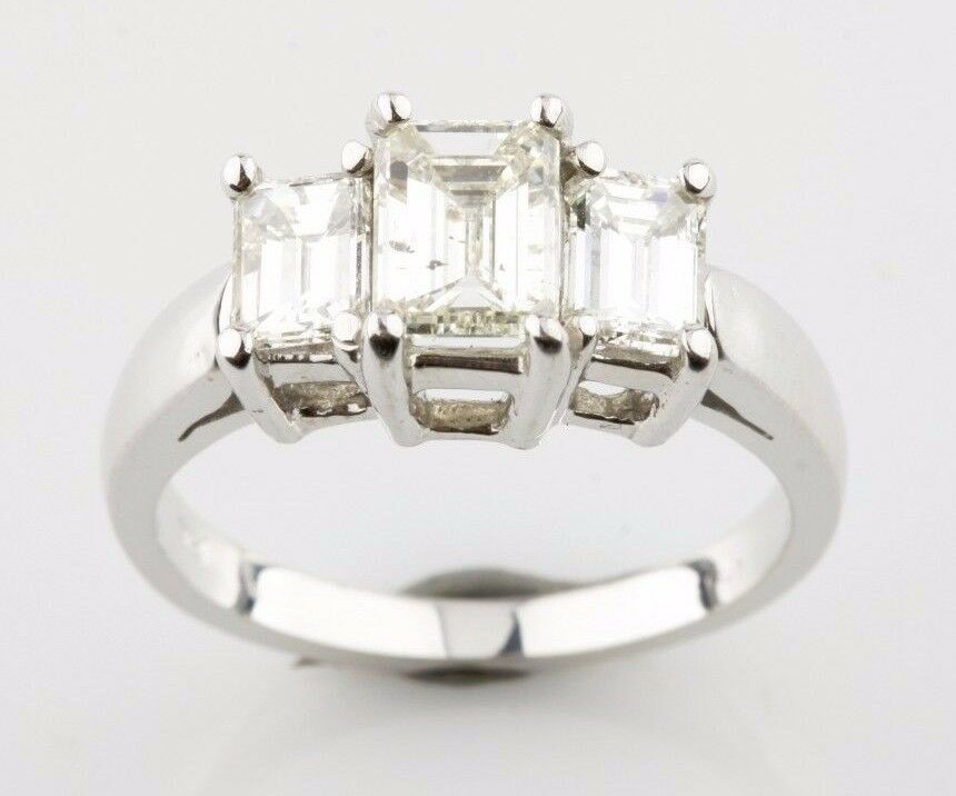1.77 Carat Emerald Cut Diamond  3-Stone 14k White Gold Engagement Ring Size 6
