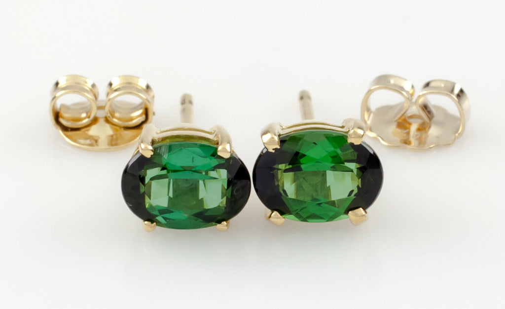 Green Tourmaline 12k Yellow Gold Oval Cut Solitaire Stud Earrings