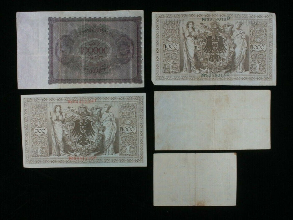 1910-1923 Germany 5-Notes Set // Empire 1000 Marks & Weimar 500-10 Million Marks