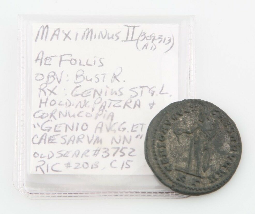 309-313 AD Roman Silvered AE Follis Coin XF Maximinus II Daia Genius S#3752