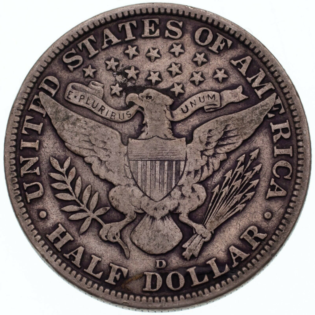 1915-D 50C Barber Half Dollar in Fine Condition, Natural Color, Full LIBERTY