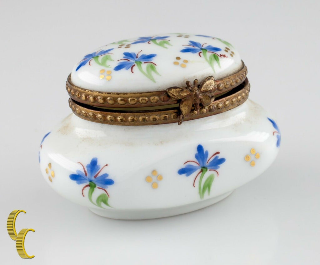 Small Limoges Peint Main Porcelain Honey Pot Ink Well Trinket Box