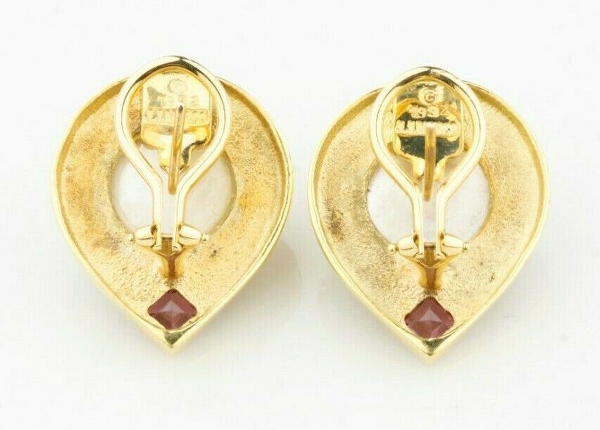 Gorgeous JJ Marco 18k Yellow Gold Pearl and Pink Sapphire Etruscan Drop Earrings