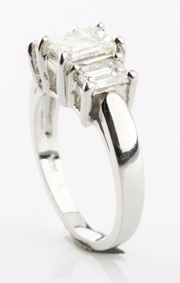 1.77 Carat Emerald Cut Diamond  3-Stone 14k White Gold Engagement Ring Size 6