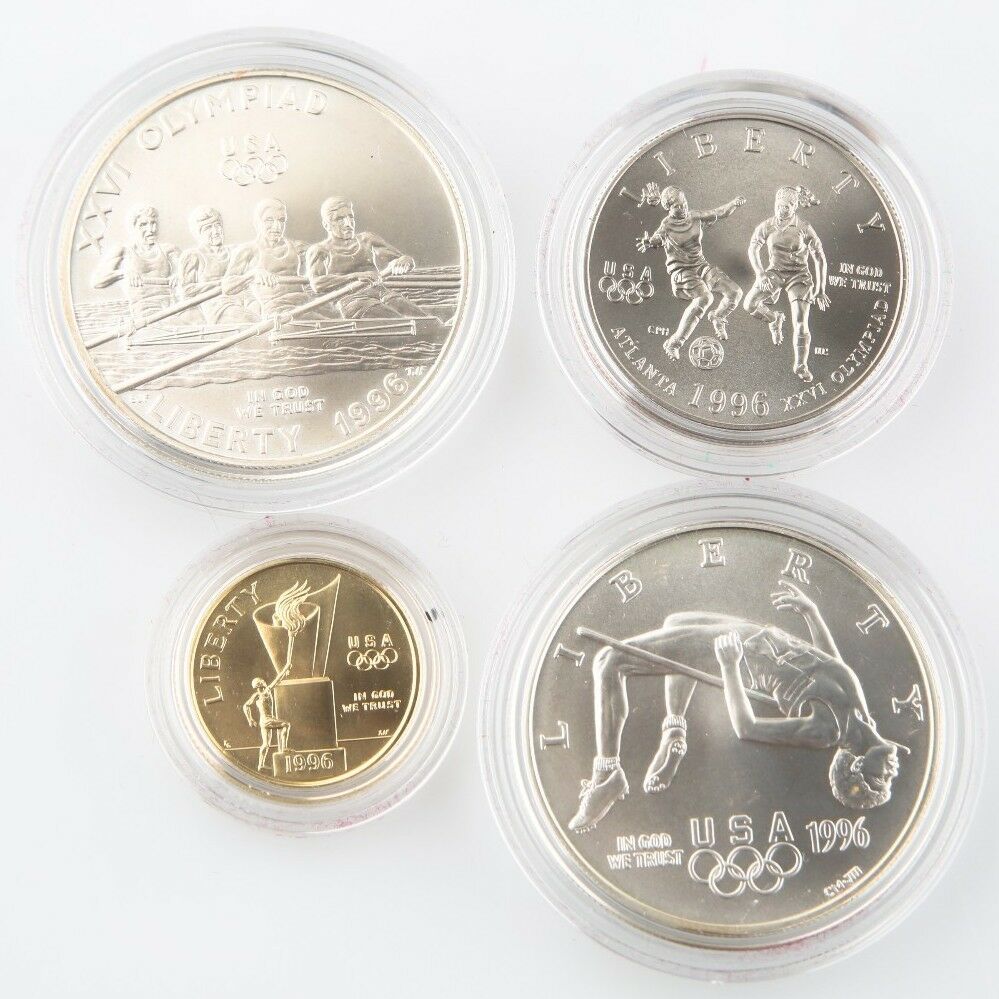 1996 US Mint 4 Coin UNC Set Atlanta Olympic Games Gold & Silver w/ Cauldron