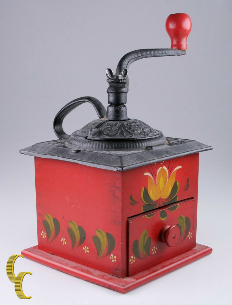 Vintage Hand Painted Wood/Cast Iron Coffee Grinder with Red Floral Design