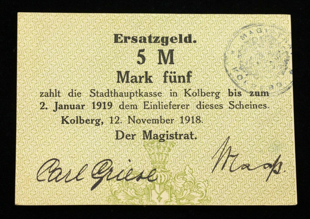 1918 Germany Notgeld Error Note // Kolberg 5 Mark Printing Error (G#291.03a)