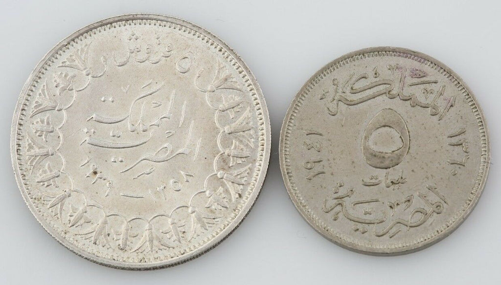 2 Egyptian coins Egypt 1939 5 Piastre 1941 5 Milliemes Almost Uncirculated - XF