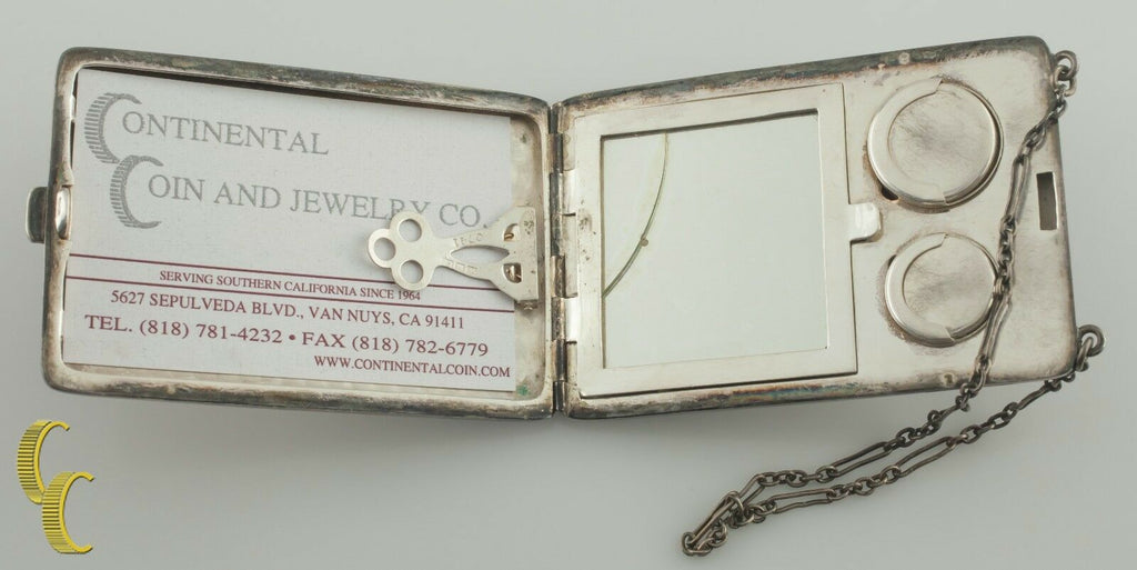 Antique Silverplate WM & Co Vanity Compact Card Holder w/ Chain Nice Detail!