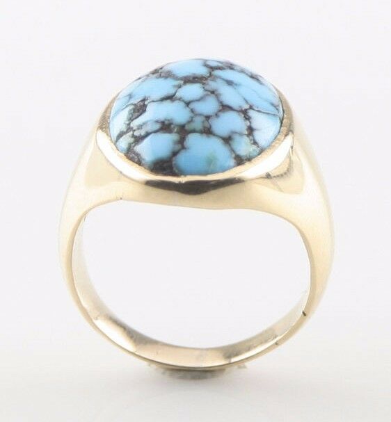 14K Yellow Gold Cracked Turquoise Oval Cabochon Ring Size 5 1/2 Beautiful!