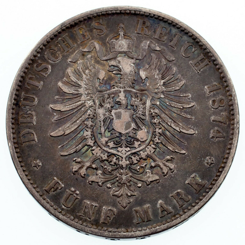 1874 German States Bavaria 5 Mark Silver Coin in VF+ Condition KM #896