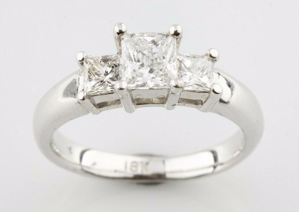 1.26 carat Princess Cut Diamond 3-Stone 18k White Gold Engagement Ring Size 6.5