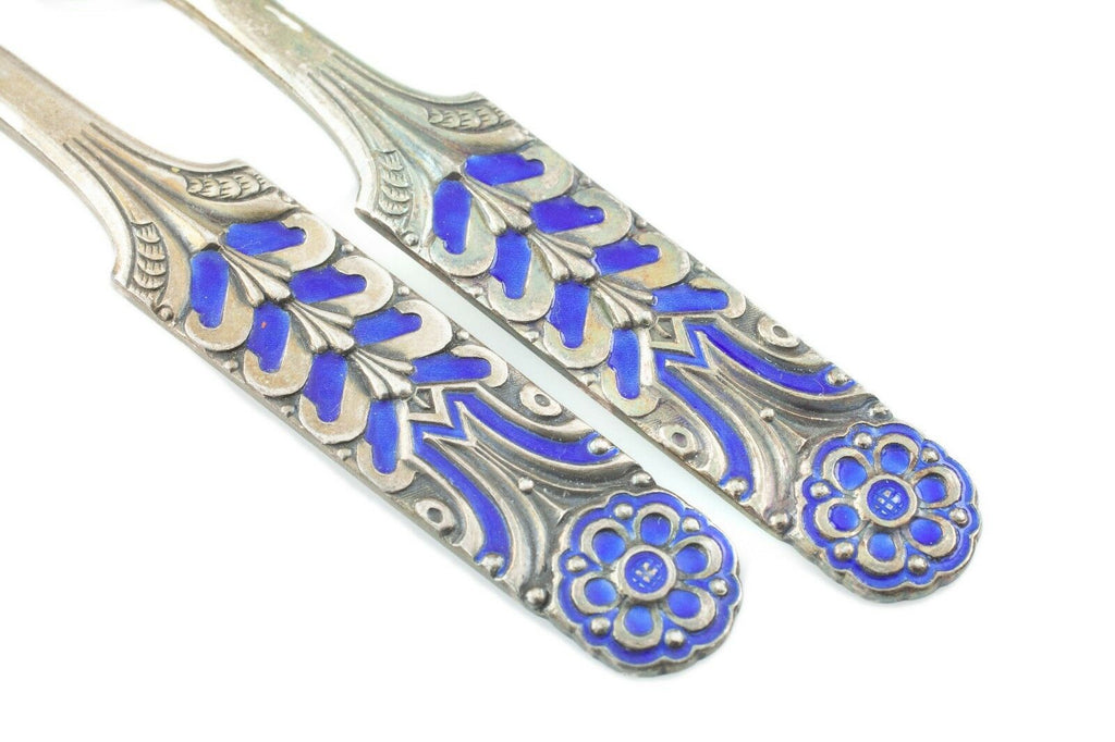 David Andersen Lot of 2 Blue Enamel Floriform Lemon Forks w/ Box