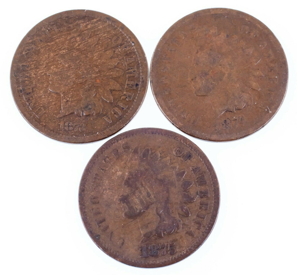 Lot of 3 Indian Cents (1873 Op 3, 1874, 1875) in Good Condition, Brown Color