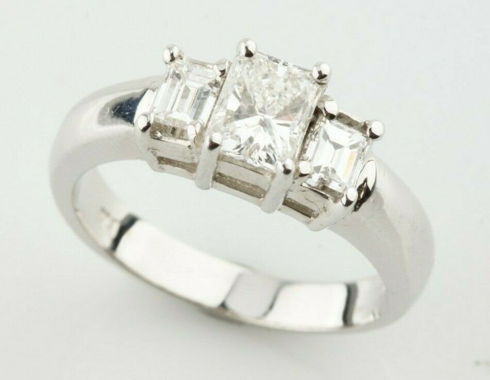 18k White Gold Three-Stone Princess and Emerald Cut Engagement Ring Size 6