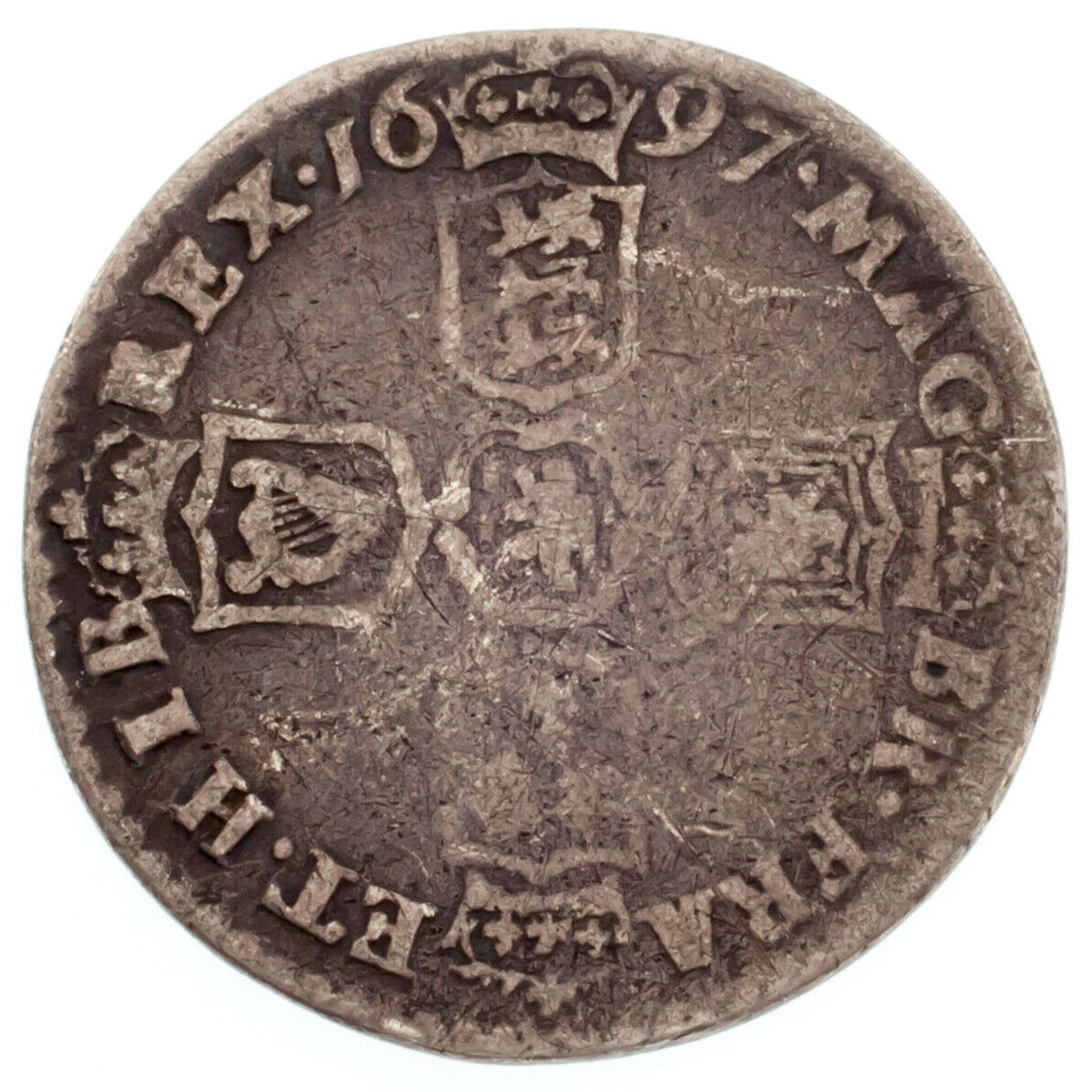 1697 Great Britain William III Sixpence Silver Coin Fine+ Conditon KM #489