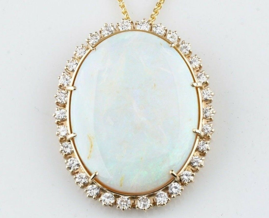 59.87 carat Opal wtith Diamond Bezel Pendant 14k Yellow Gold 20 inch Necklace