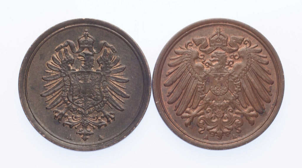 1876-A & 1892-A Germany 1 Pfennig Lot of 2 Coins (AU-UNC Condition)