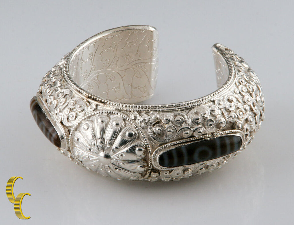 Sterling Silver Cuff Bracelet with Brown White Stones Vines Swirls & Dragons