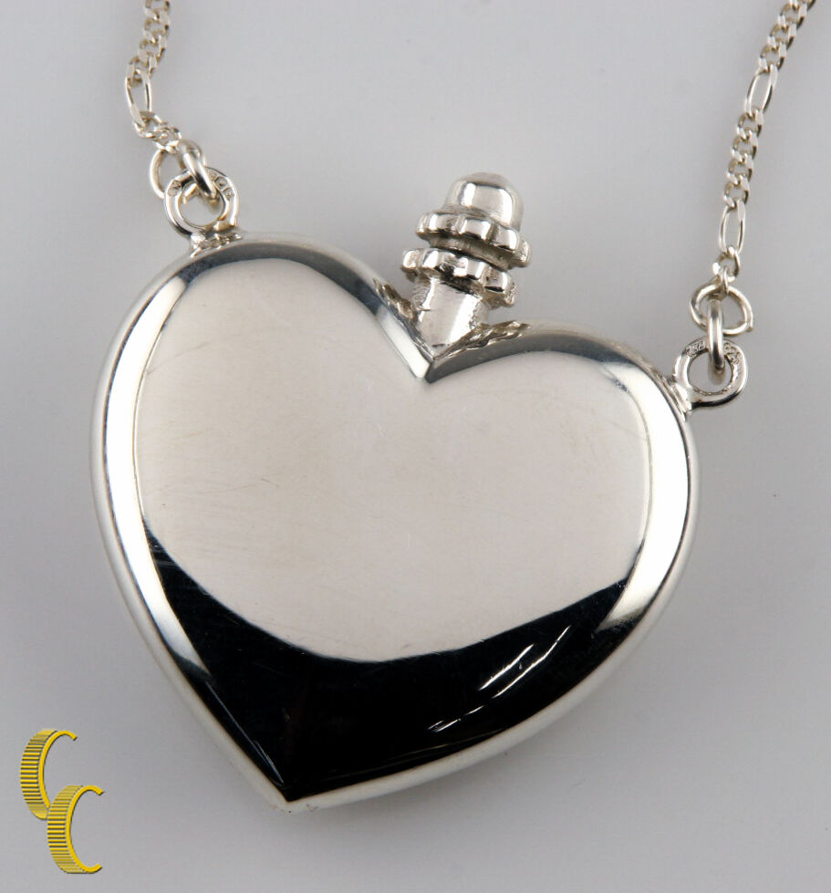 Sterling Silver Heart-Shaped Perfume Bottle Pendant w/ Funnel & 27" Figaro Chain