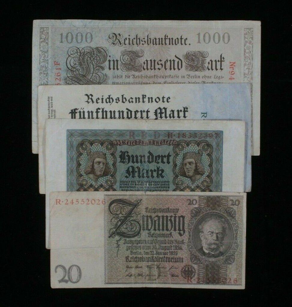 1910-1929 Germany 4-Notes Set // German Empire 1000 & Weimar 20, 100 & 500 Mark