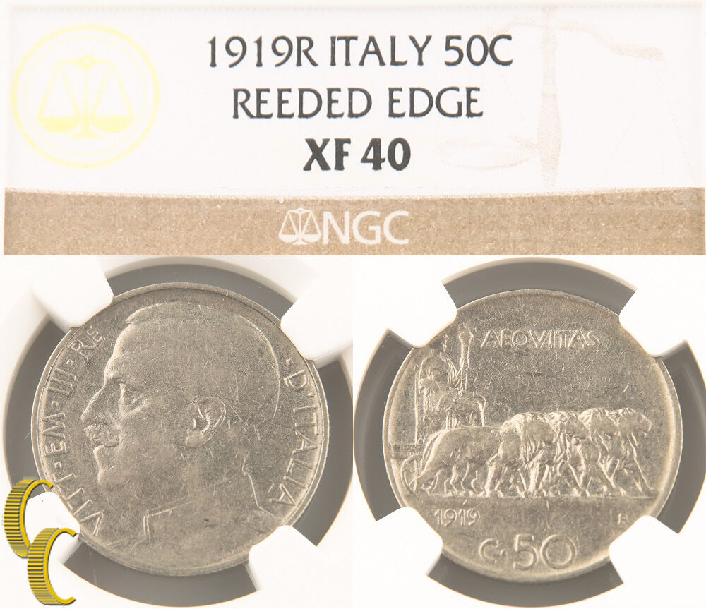 1919-R Italy 50 Centesimi Reeded Edge (NGC XF40) Italian 50c Cent KM#61.2 Rare!