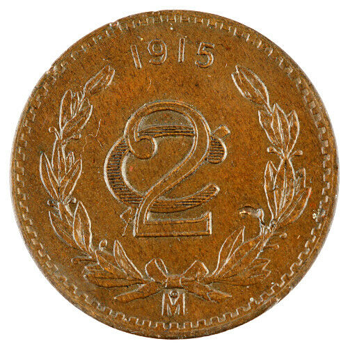 Mexico 1915 2 Centavos Almost Uncirculated Mexican Bronze Coin AU