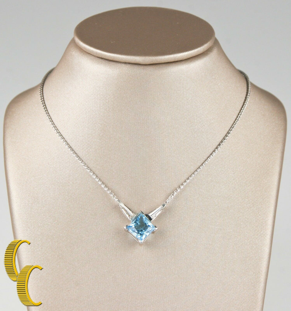 Blue Topaz Princess Cut Solitaire Pendant with Diamonds and 14k White Gold Chain