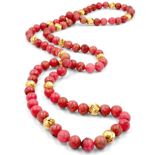 Unique Beaded Dyed Red Quartz Necklace w/ 14k Yellow Gold Scalloped Beads 26"