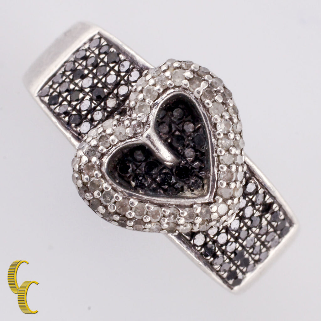 Sterling Silver Black & White Diamond Heart Shape Band Ring Size 8.75