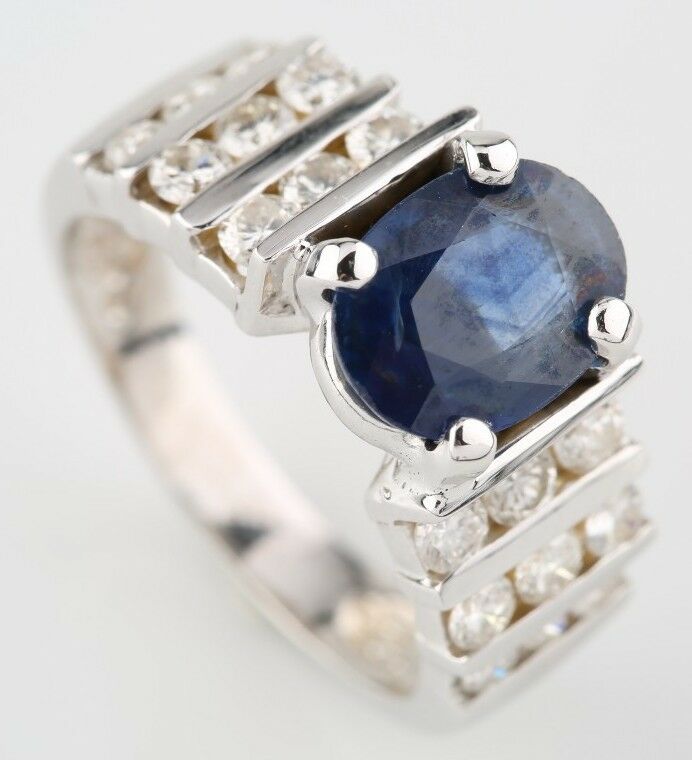 2.14 carat Blue Sapphire Solitaire and Diamond 14k White Gold Ring Size 7